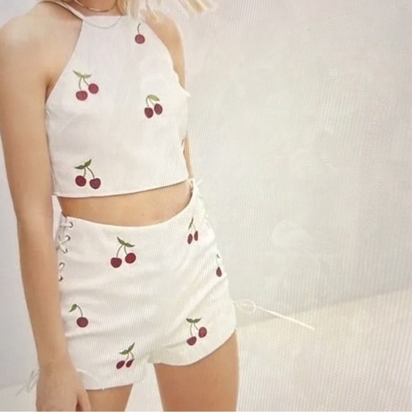 EMORY PARK Set, Cherry Motif Halter Top & Lace-Up Shorts, White Vegan Leather, L - Picture 1 of 8